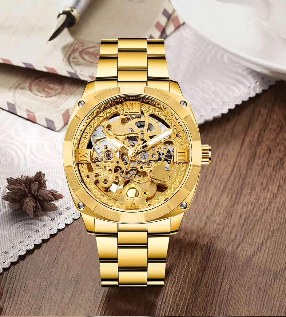 Full Golden Skeleton Automatic Watch - Retro Luxury Mechanical with Luminous Hands