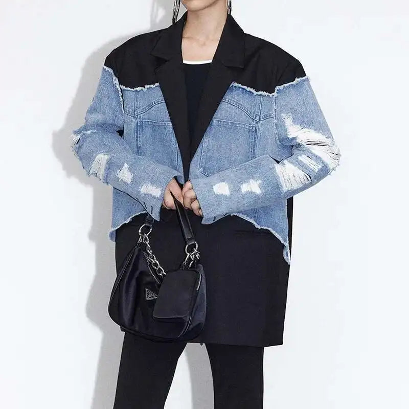 DEAT Women's Blazer Notched Collar Patchwork Burrs Edge Denim Broken Holes Loose Suit Jackets 2025 Summer New Fashion LM0107