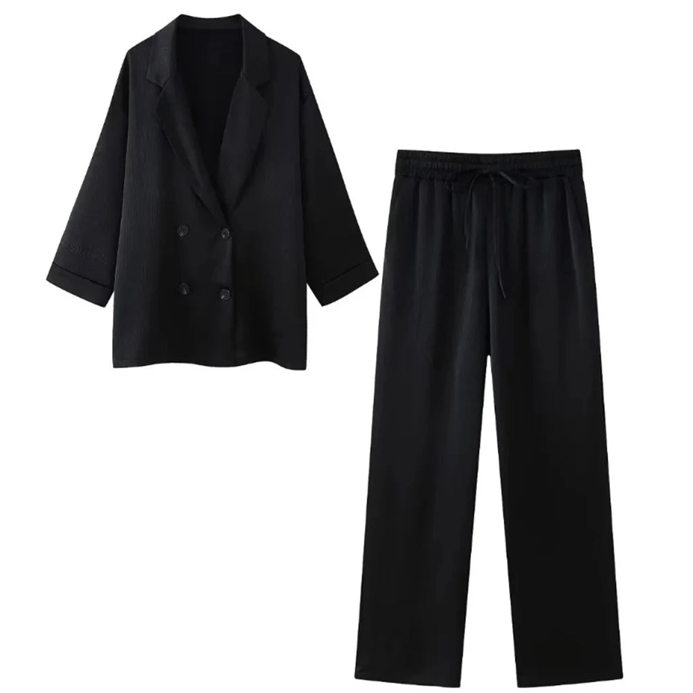 Women Autumn Wrinkle Double Breasted Blazer And Pants Suit Fashion Business Set
