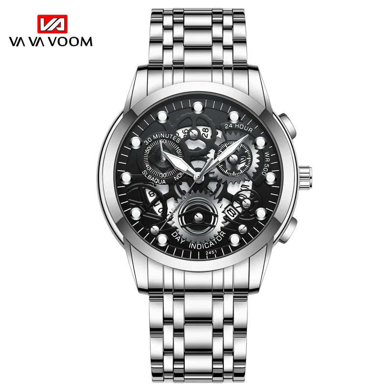 Sports Men's Watch Fashionable Stainless Steel Strap Fashionable Hollow Dial Golden Business Style Original Quartz Watch for Men