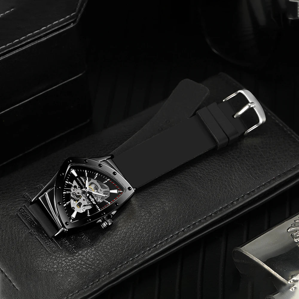 T-Winner High Range Men's Automatic Mechanica Watches Luminous Luxury Tourbillon Gold Wristwatch Rubber Strap Triangle Skeleton
