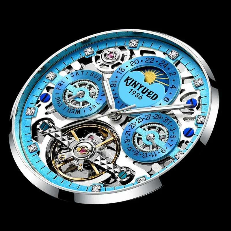 Tourbillon Automatic Watch for Men Diamond Moon Phase Mechanical Mens Watches Waterproof Silver Gold Stainless Steel Wristwatch