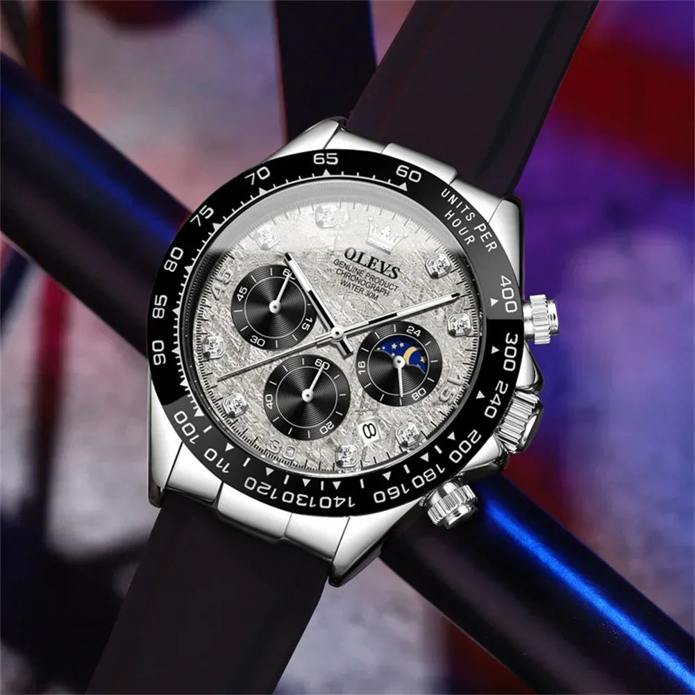 OLEVS Luxury Men's Watches Moon Phase Chronograph Man Watch Original Quartz Wrist Watch Waterproof Luminous Watch for Men Clock