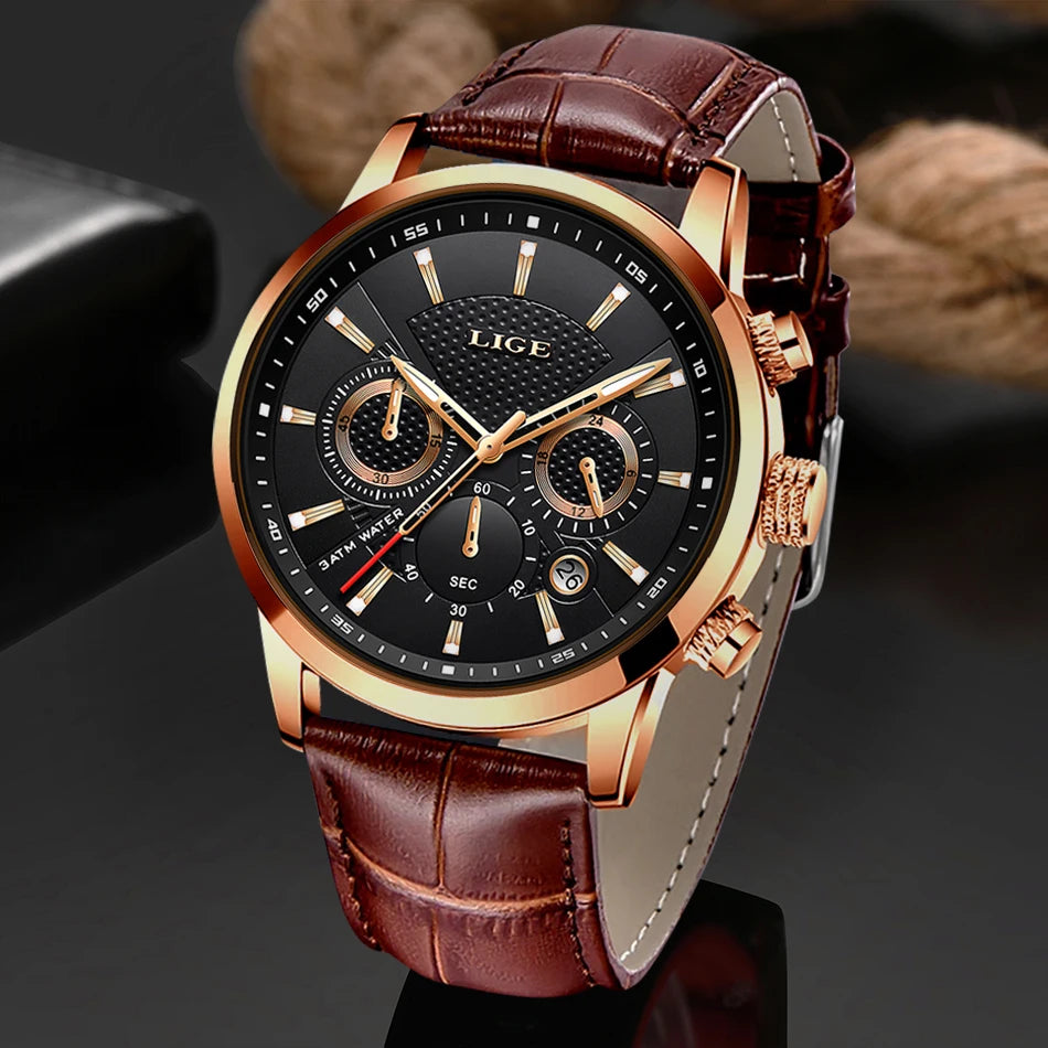 2025 LIGE Top Brand Luxury Casual Leather Quartz Men Watch Man Business Clock Male Sport Waterproof Date Chronograph Men Watches