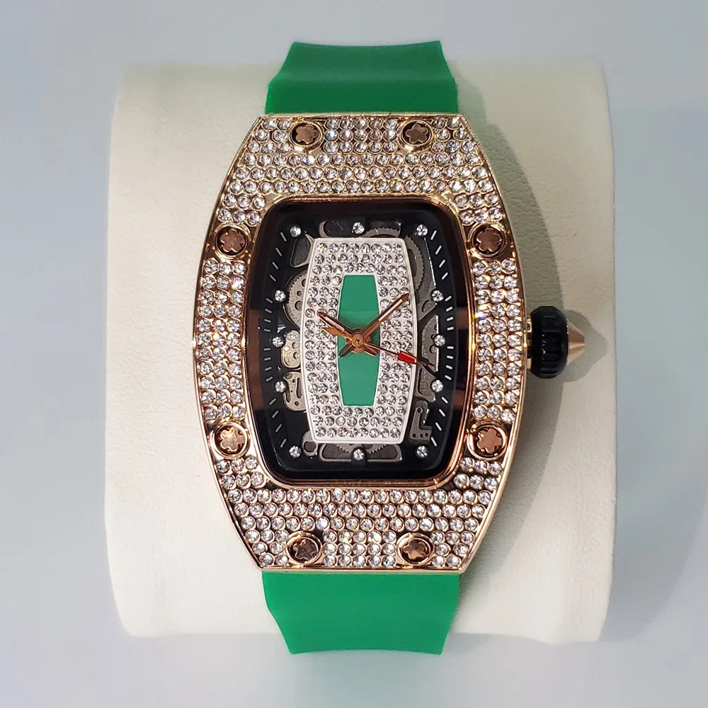 Fashion Rose Iced Watches Women Casual Silicone Strap Quartz Dress Full Diamond AAA Tonnneau Watch For Ladies Dropshipping