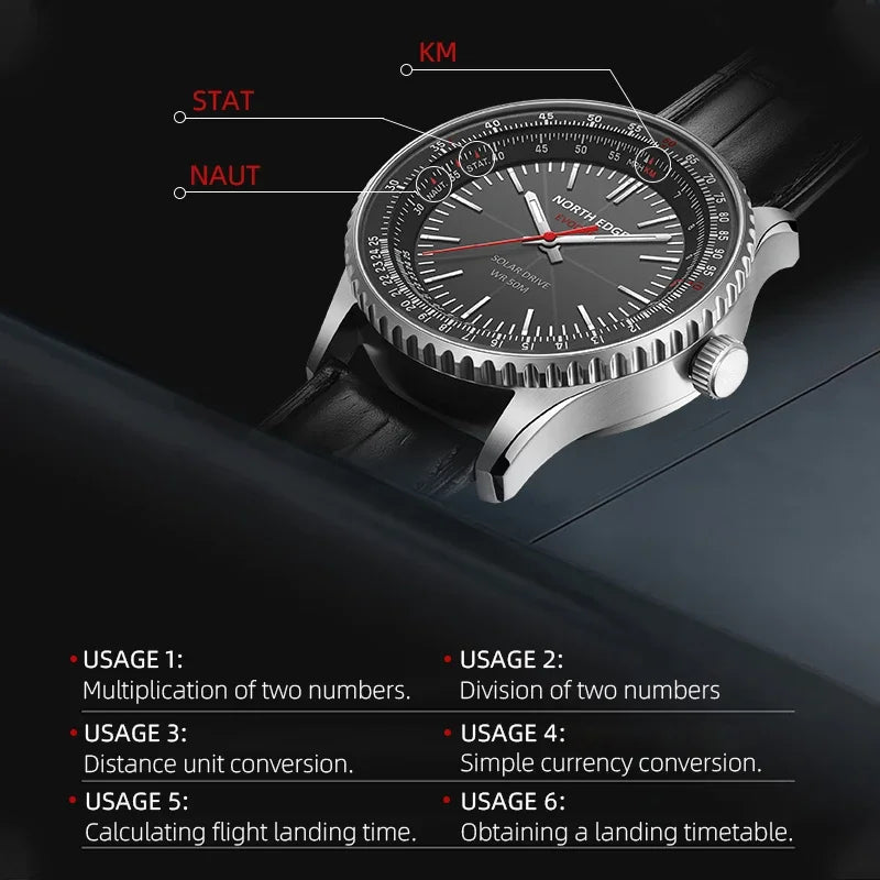 NORTH EDGE EVOQUE3 Solar Drive Watches For Men Pilot Series Leather Strap Luminous Stainless Steel Waterproof 50M Reloj Hombre