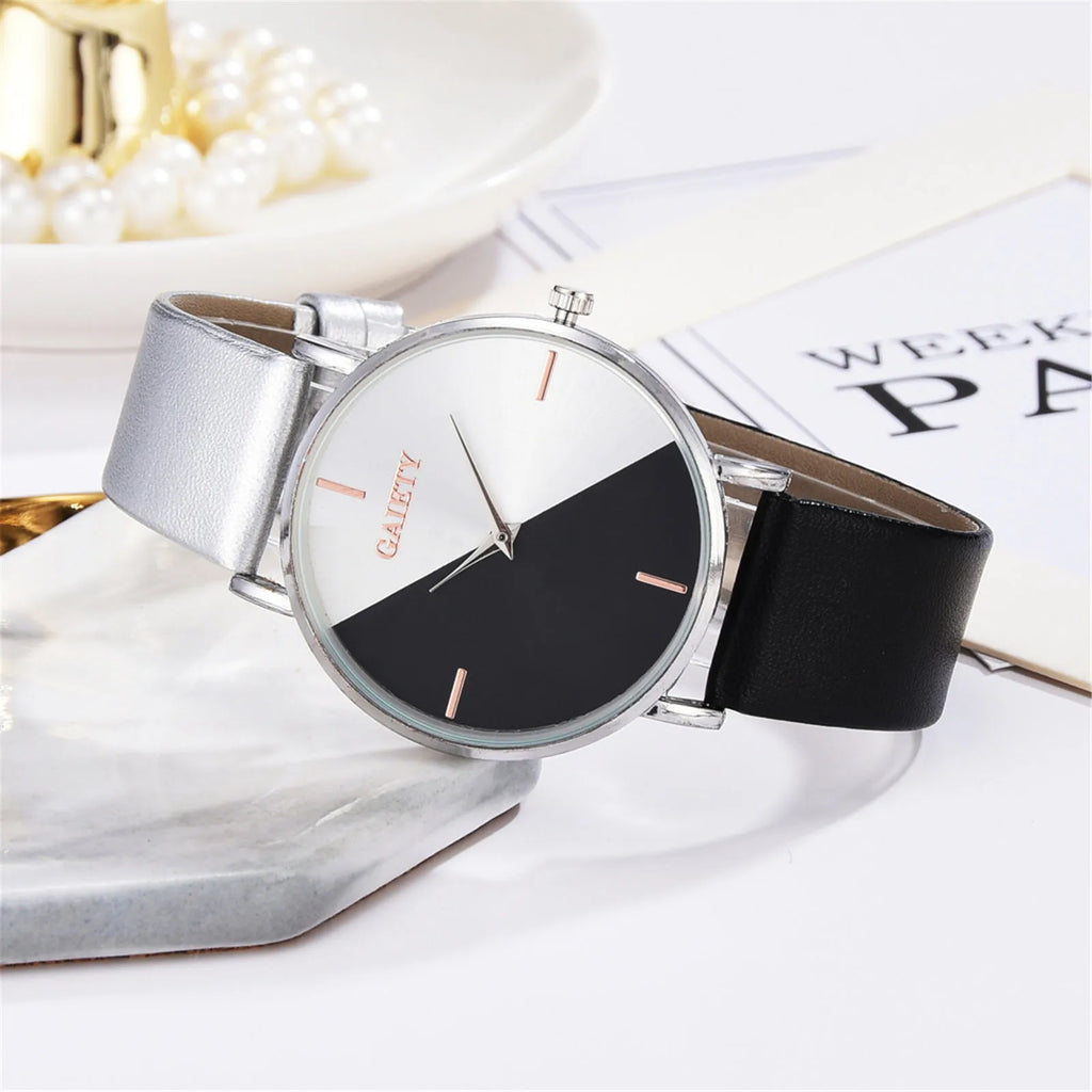 Women'S Watch Set Luxury Fashion Light Luxury Geometric Stitching Quartz Style Pu Leather Strap Round Dial Women'S Gift