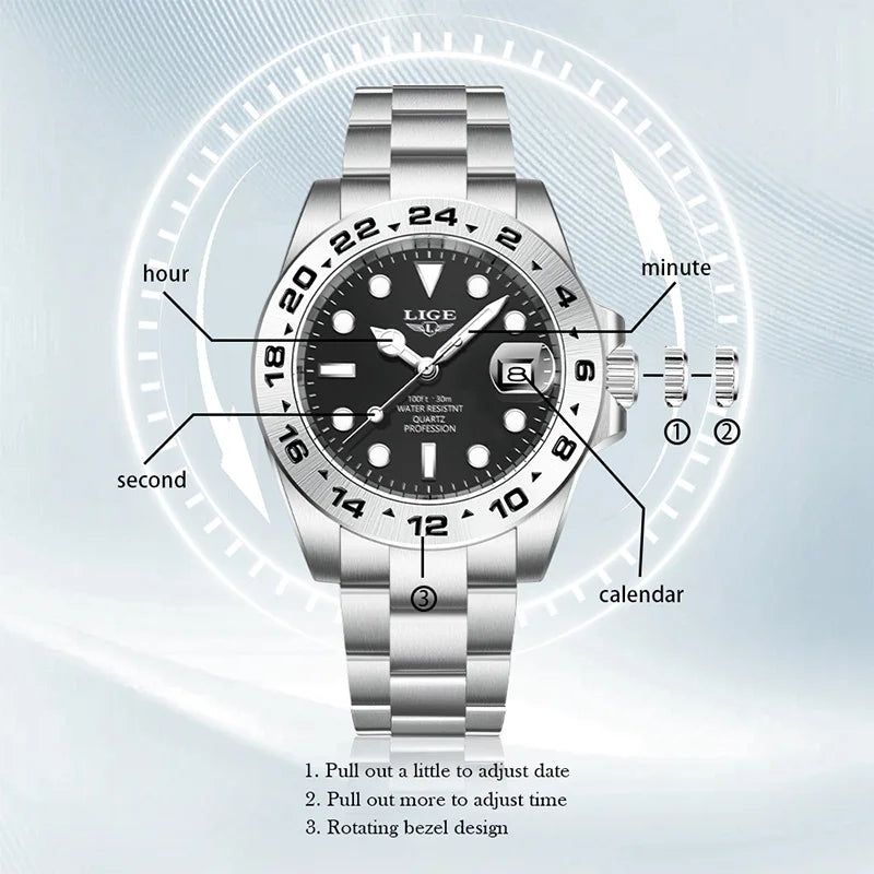 LIGE Luxury Man Watch Fashion Classic Business 30M Waterproof Luminous Quartz Wristwatch Stainless Steel Calendar Men Watches