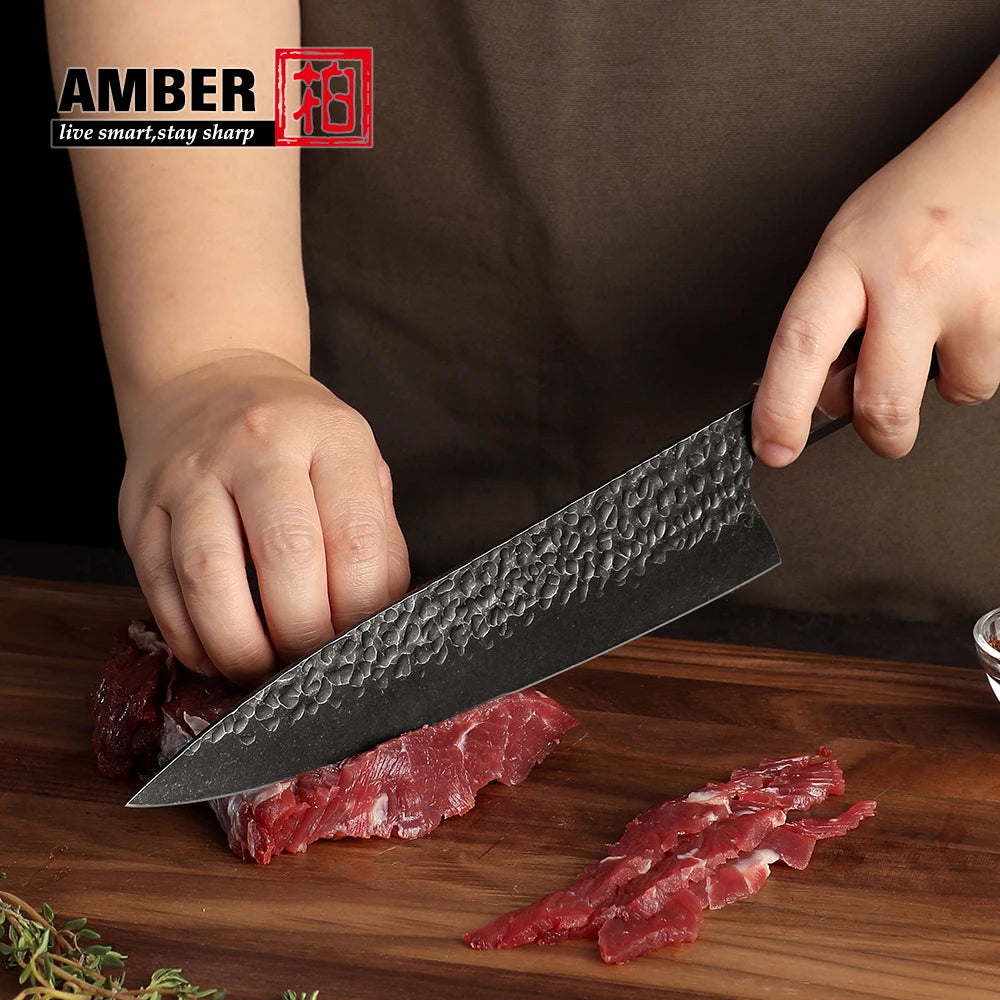 Amber Top Quality 440C high carbon steel black finish kitchen knife set with stablized wood