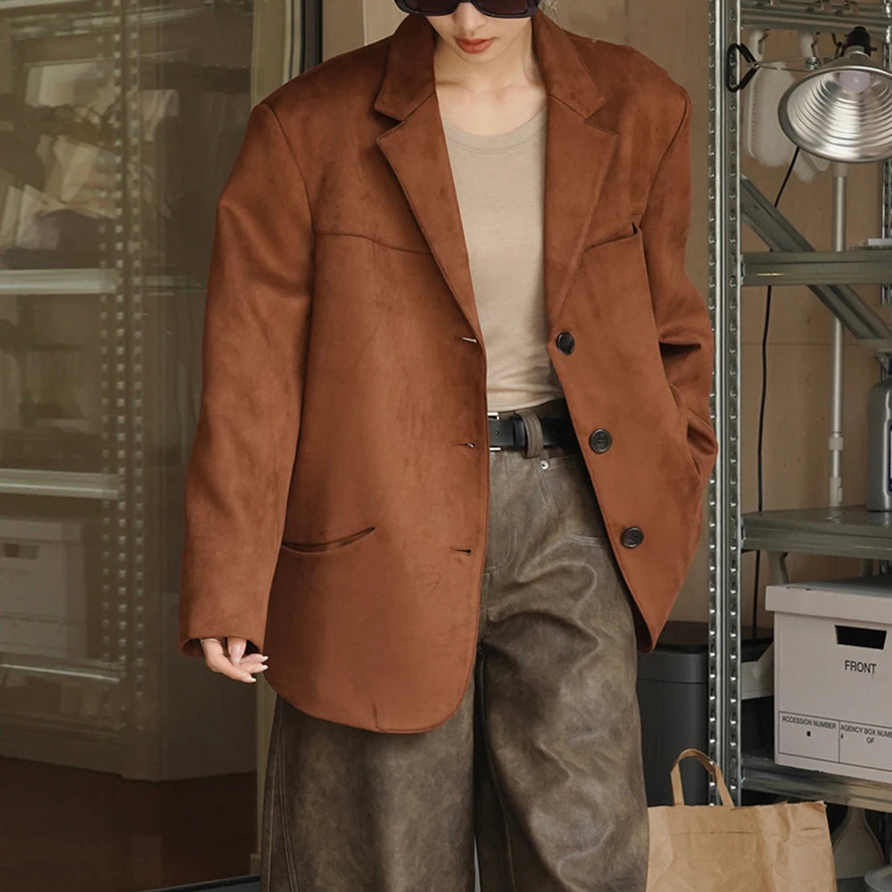 TWOTWINSTYLE Solid Patchwork Button Blazers For Women Lapel Long Sleeve Temperament Loose Coats Female Fashion Style Fashion New