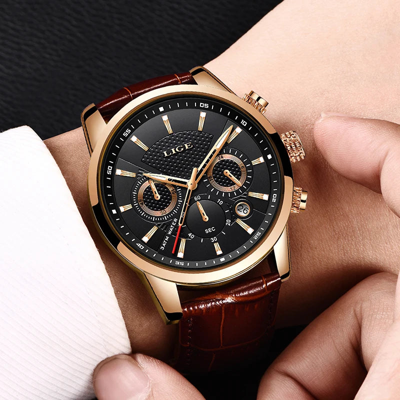 2025 LIGE Top Brand Luxury Casual Leather Quartz Men Watch Man Business Clock Male Sport Waterproof Date Chronograph Men Watches