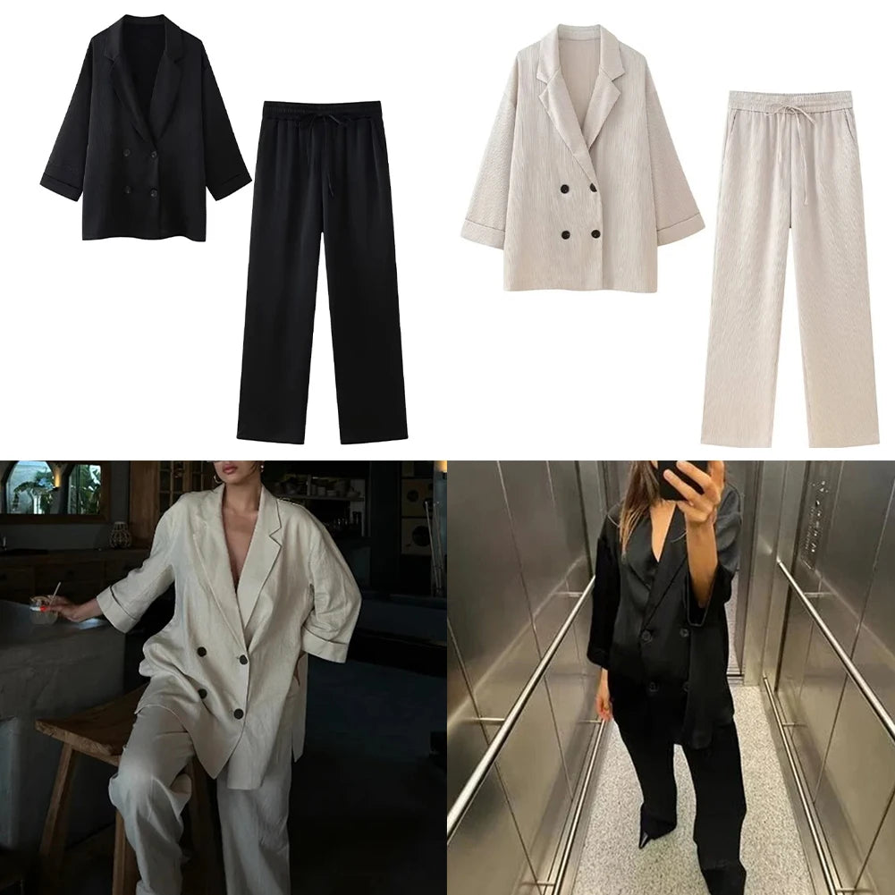 Women Autumn Wrinkle Double Breasted Blazer And Pants Suit Fashion Business Set