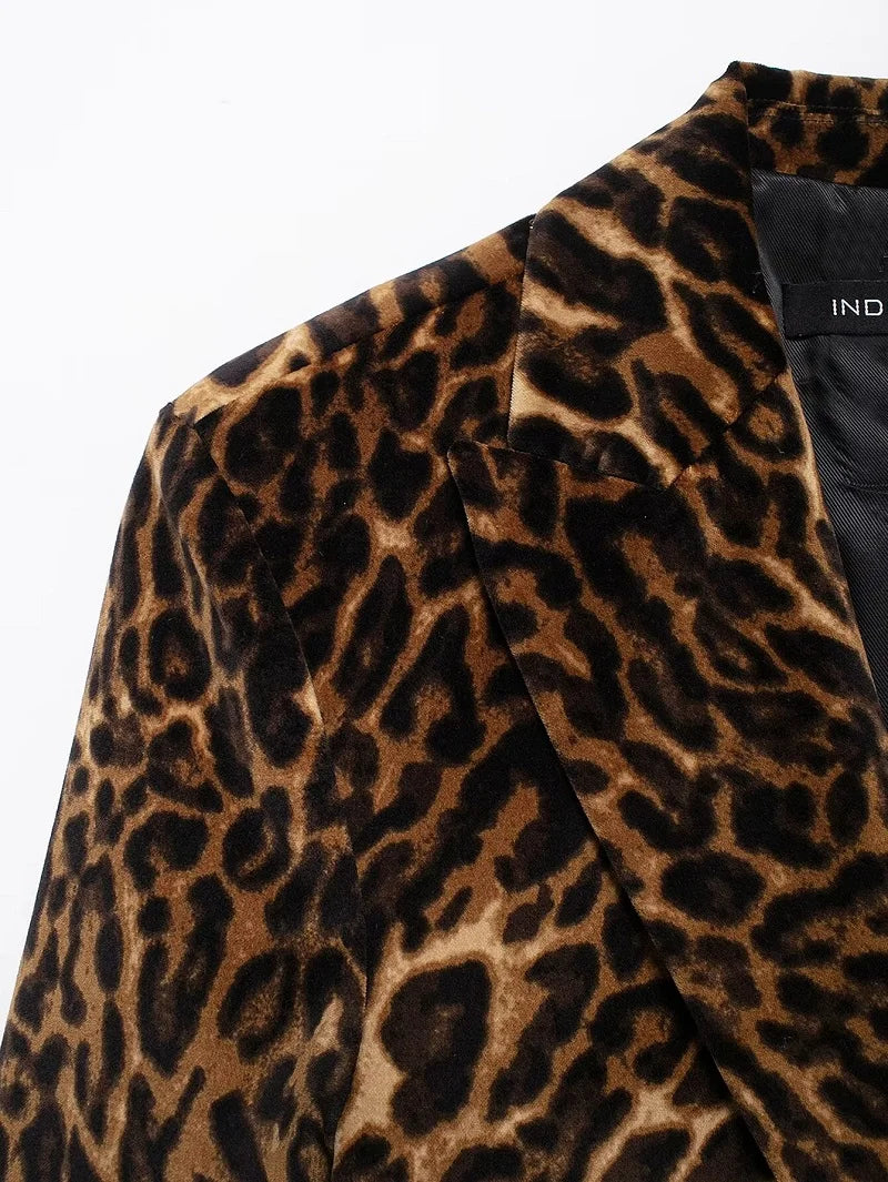 MUJER Leopard Print Blazer for Women Luxury Velvet Women's Blazers Suit Set Long Sleeve Office Blazer Woman Fashion Outerwears