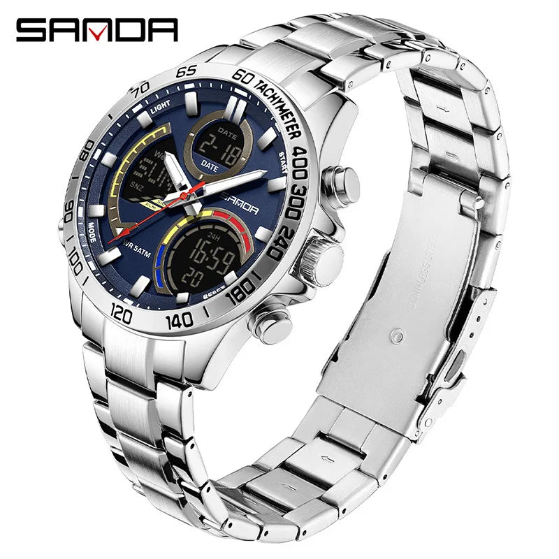 SANDA 6269 Dual Display Electronic Watch Men's Dual Movement 5ATM Waterproof Night Light Three Ground Time Student Sports Watch