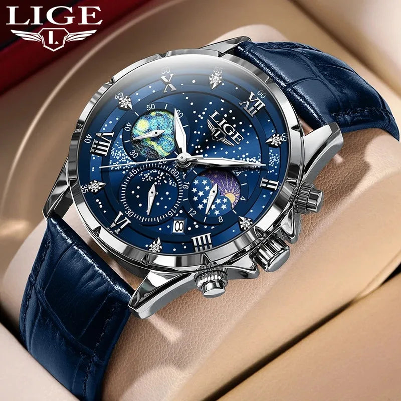 LIGE Chrono Master - Luxury Leather Waterproof Date Chronograph