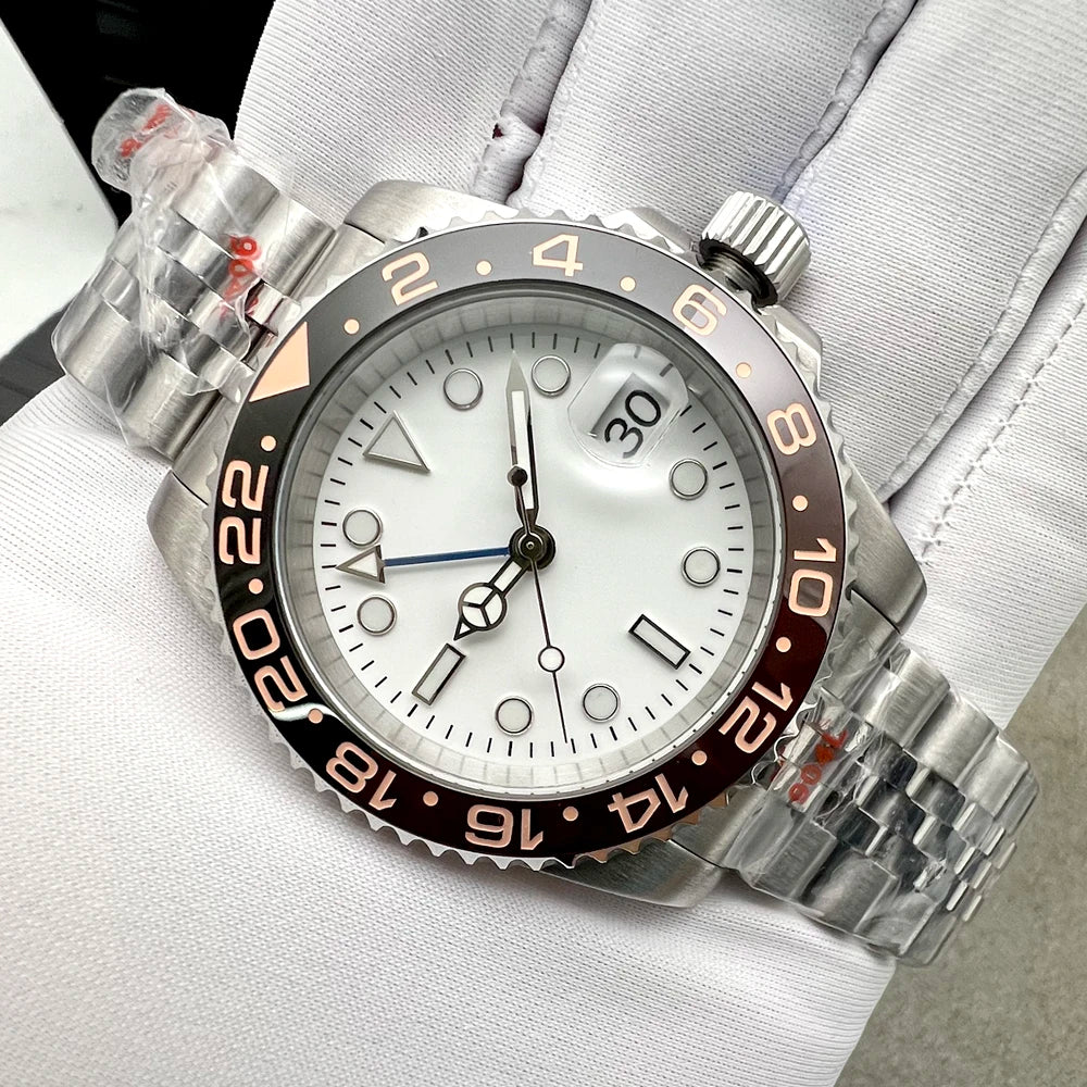 Automatic GMT Watch for Men – NH34 Movement, White Sterile Dial, Ceramic Bezel, Blue Hand, Dual Time Zone Stainless Steel