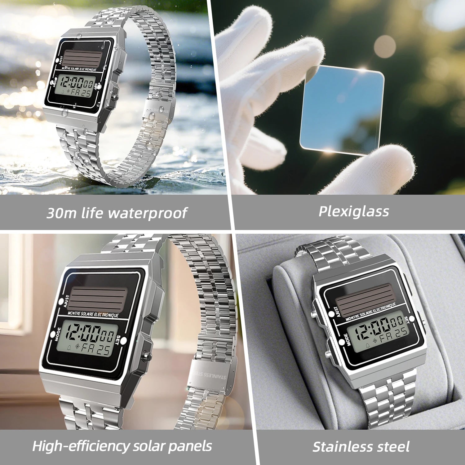 Solar Men‘s Digital Watch Retro Chronograph Stainless Steel Strap Waterproof Multifunctional Sport Electronic Watches
