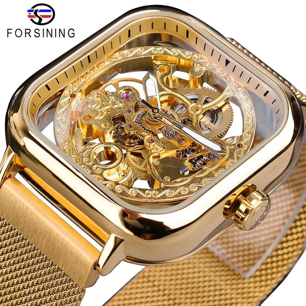 Golden Square Skeleton Automatic Watch - Mesh Steel Band