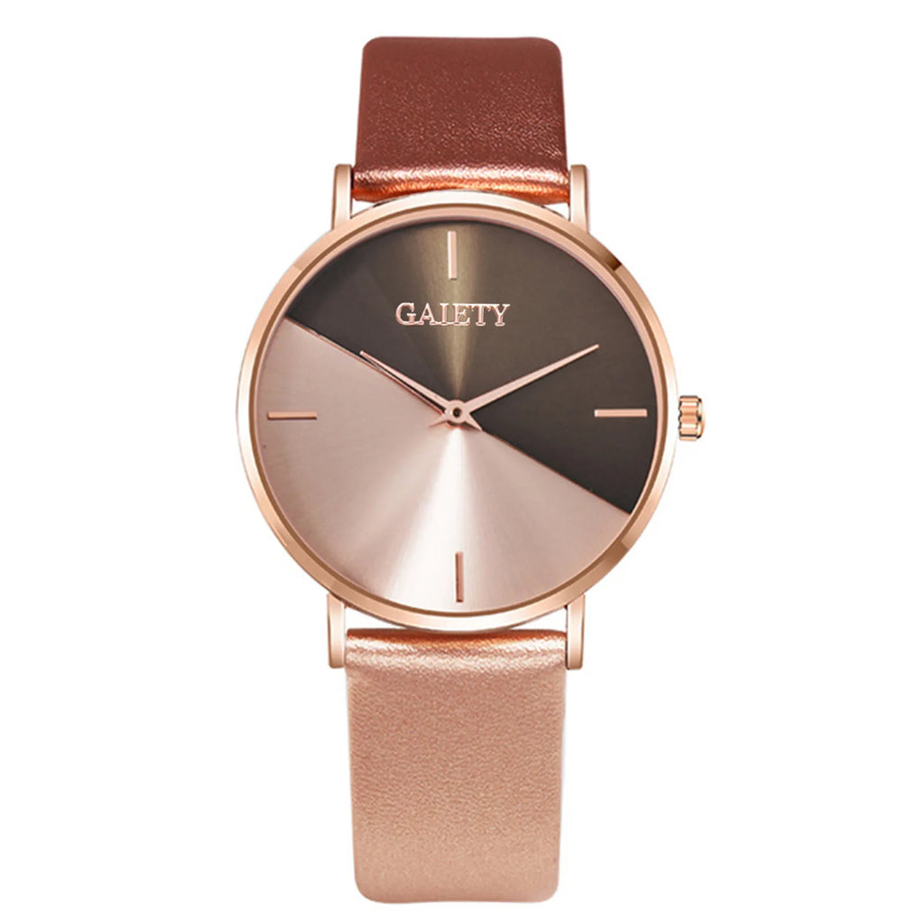 Women'S Watch Set Luxury Fashion Light Luxury Geometric Stitching Quartz Style Pu Leather Strap Round Dial Women'S Gift