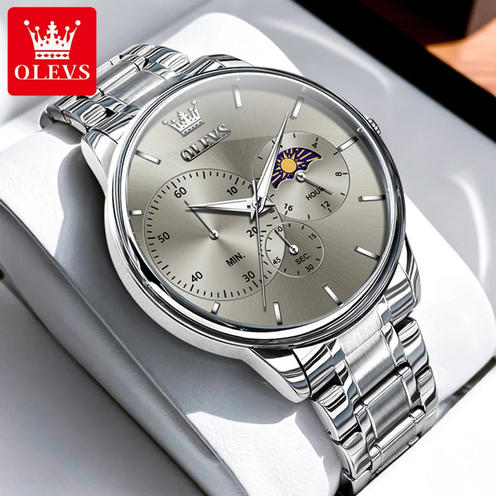 OLEVS Moon Phase Men's Watch Simple Casual Original Fashion Quartz Watch for Men Waterproof Luminous Stainleess Steel Wristwatch
