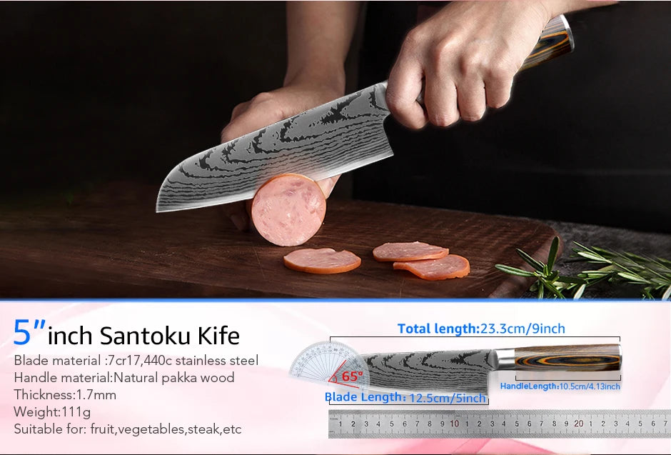 Kitchen Knife Set Chef Knives Japanese 7CR17 440C High Carbon Stainless Steel Imitation Damascus Sanding Laser Knife