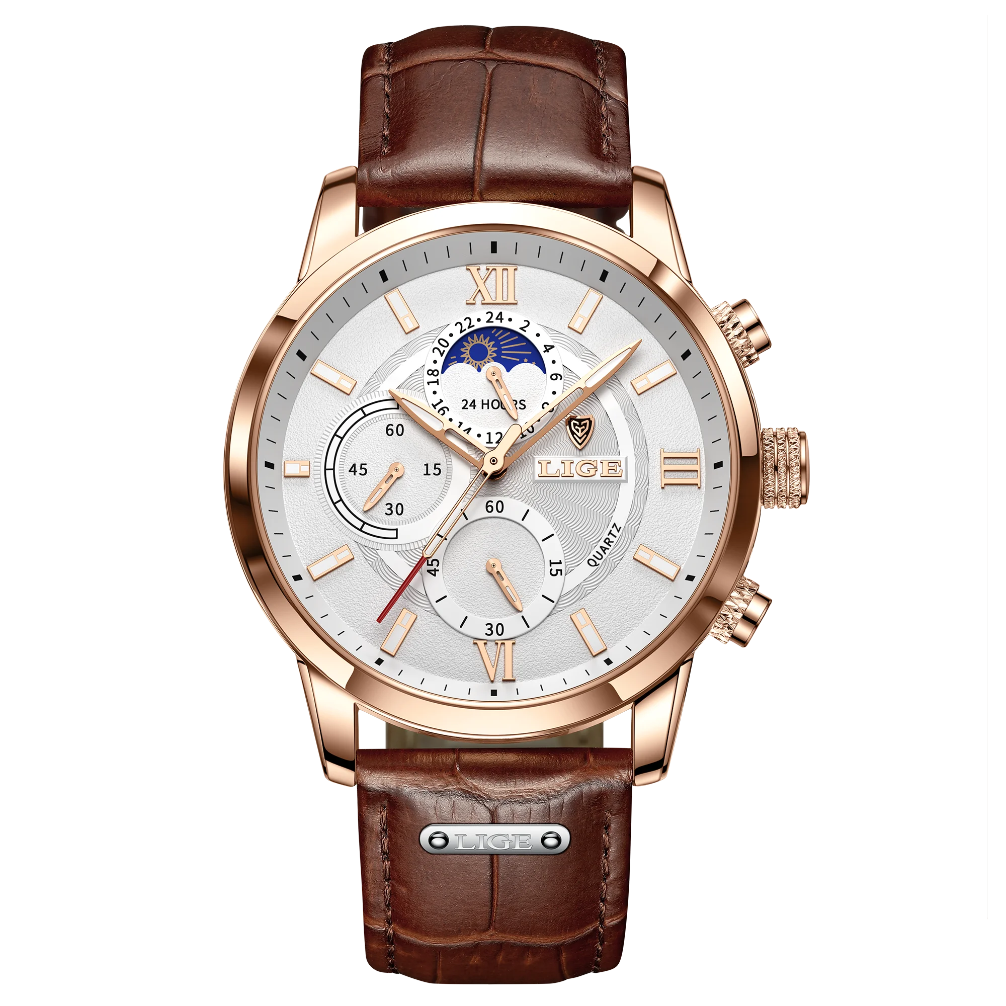 LIGE Cognac Elite 2025 - Premium Brown Leather Waterproof Sport Watch