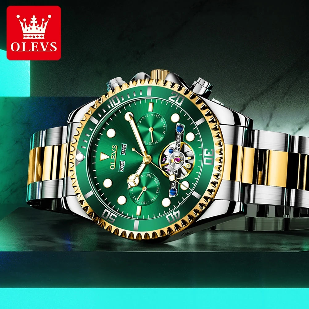 OLEVS 6605 Mens Watch Luxury Original Automatic Mechanical Watch Waterproof Luminous  PerpetualCalendar Day-Date Watch With Box