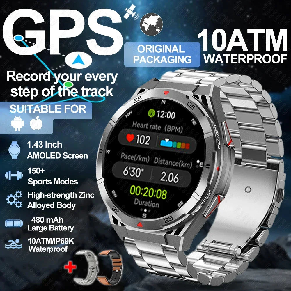 2025 New GPS Dual-Band satellite SmartWatch Men 1.43'' AMOLED Screen Compass Heart Rate BT Call IP69 10ATM Waterproof SmartWatch