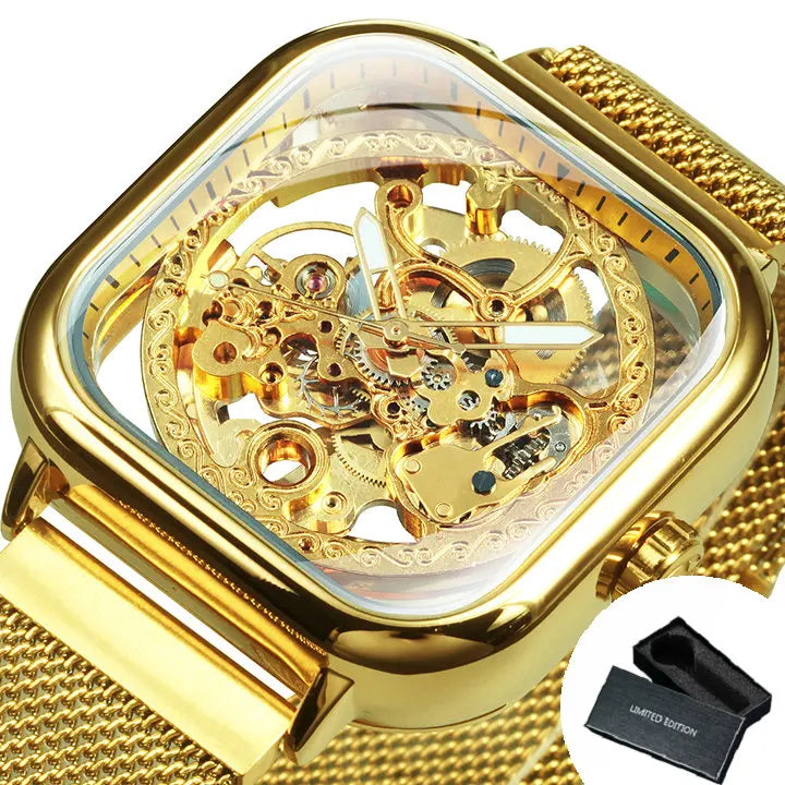 Forsining Square Skeleton Automatic Watch - Luxury Mesh Steel Strap Men's Timepiece