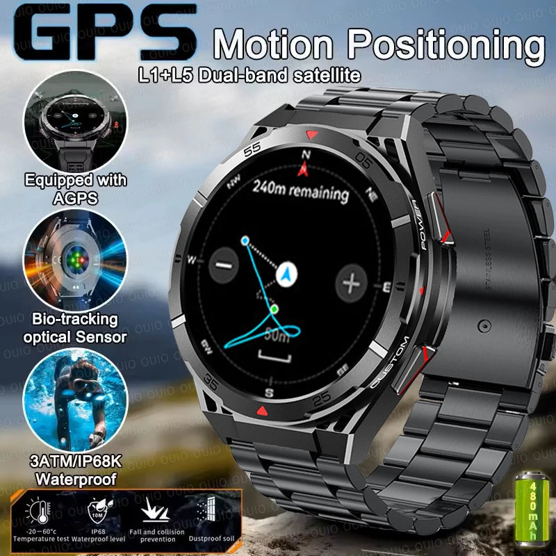 2025 New Dual-Band satellite GPS SmartWatch Men 1.43'' AMOLED Screen IP69 5ATM Waterproof Compass Heart Rate BT Call SmartWatch