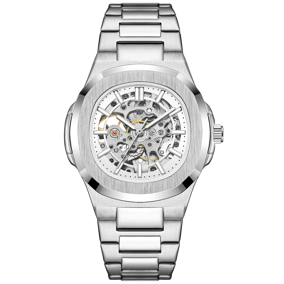 Skeleton Hollow Men Automatic Mechanical Watch Steampunk Sliver Blue Full Steel Waterproof Wrist Watches Male Mechanism Clock