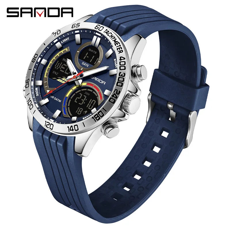 SANDA 6269 Dual Display Electronic Watch Men's Dual Movement 5ATM Waterproof Night Light Three Ground Time Student Sports Watch