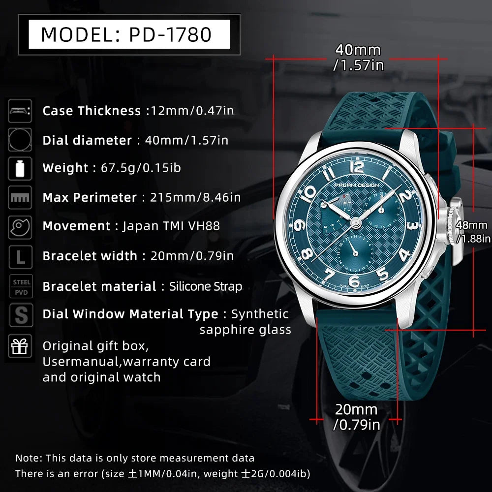 Pagani Design Man Watch 40mm Japan TMI VH88 Movt Sapphire Crystal Calendar 24 Hours 100M Waterproof Quartz Wristwatch reloj homb