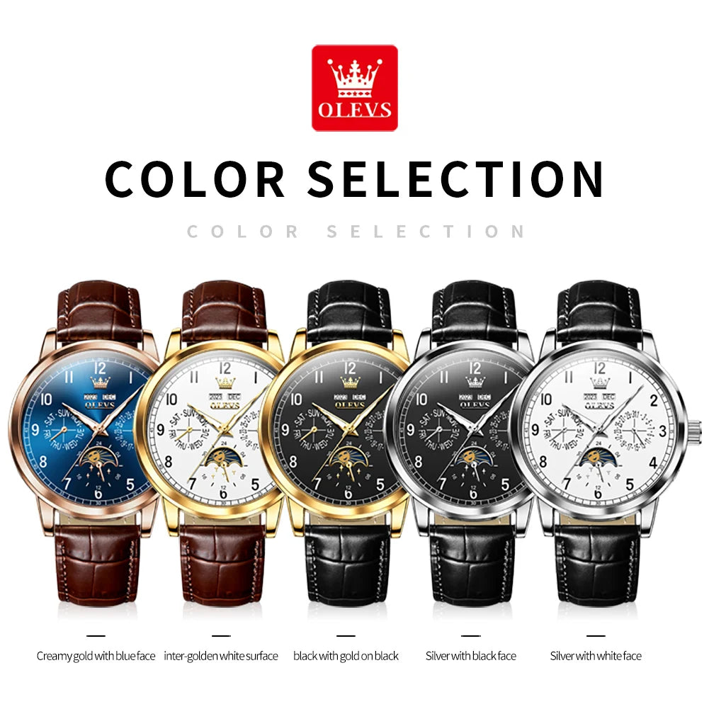 OLEVS 6698 Mens Watch Luxury Dress Brand Moon Phase Automatic Mechanical Watch For Men Leather  Waterproof Dual Calendar Watch