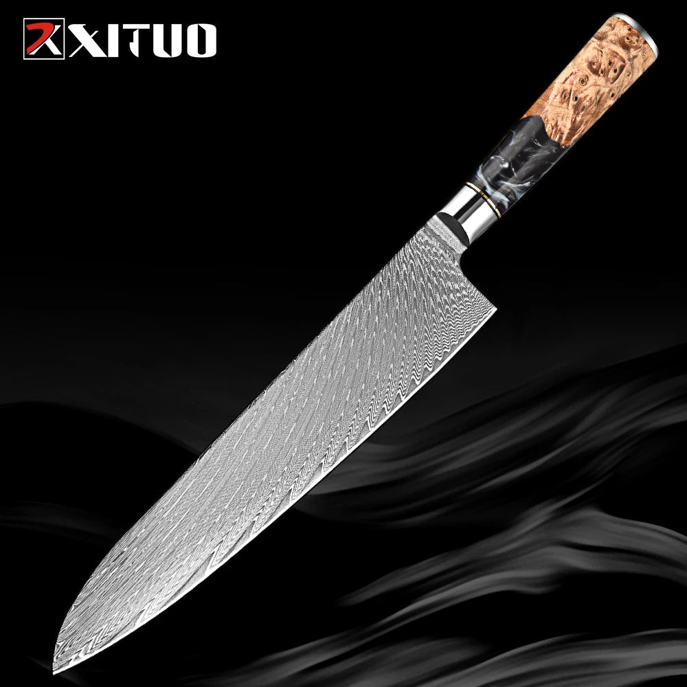 Damascus Steel Kitchen Knives 1-9PC Set XITUO Japanese chef knife Cleaver Bread Knife Resin and wooden Ergonomics handle Sharp