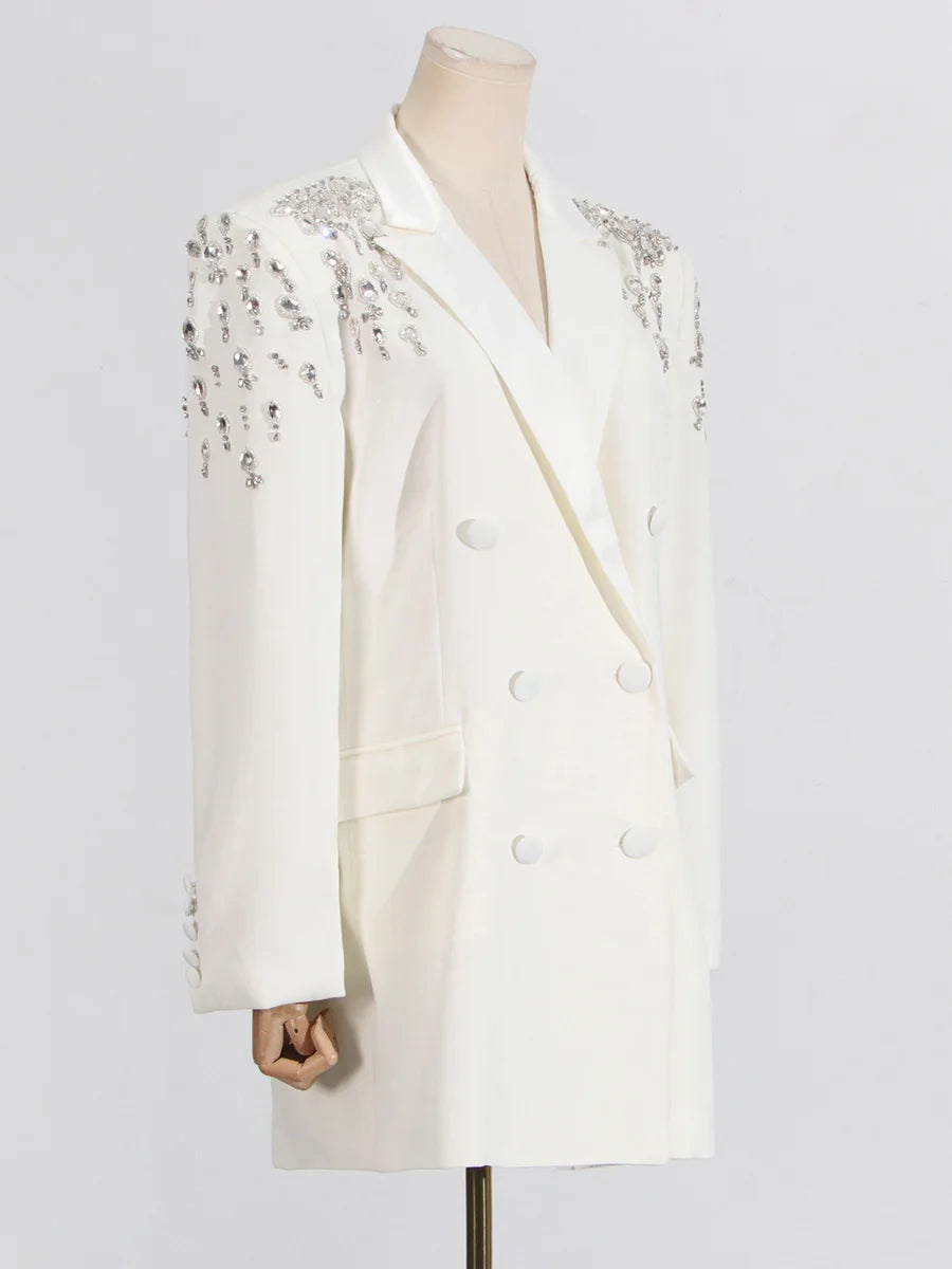 VGH Streetwear Spliceed Diamonds Slim Blazers for Women Notched Collar Long Sleeve Patchwork Button Temperament Coat Female New