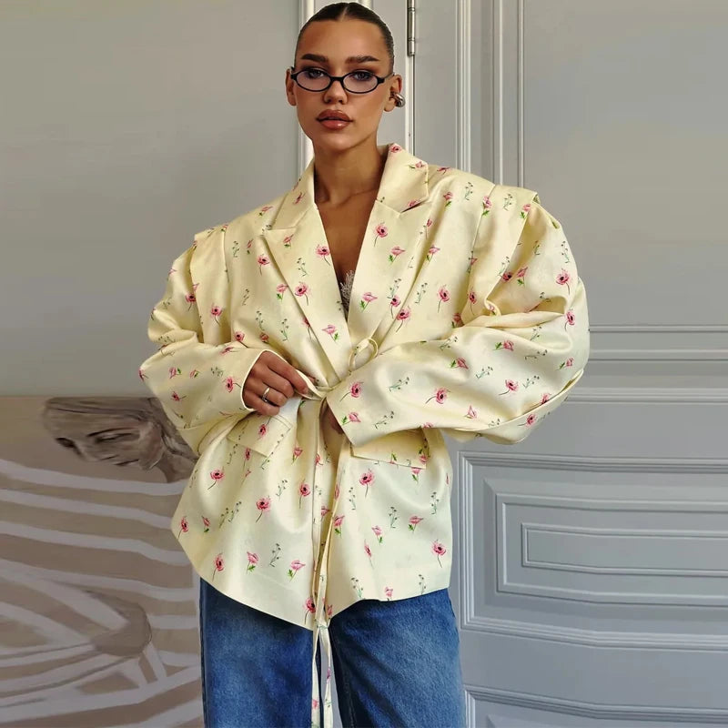 Fashion Printed Women's Blazer Coat Loose Lapel Long Sleeve Lace Up One Button Jacket Female 2025 Spring All-match Streetwear