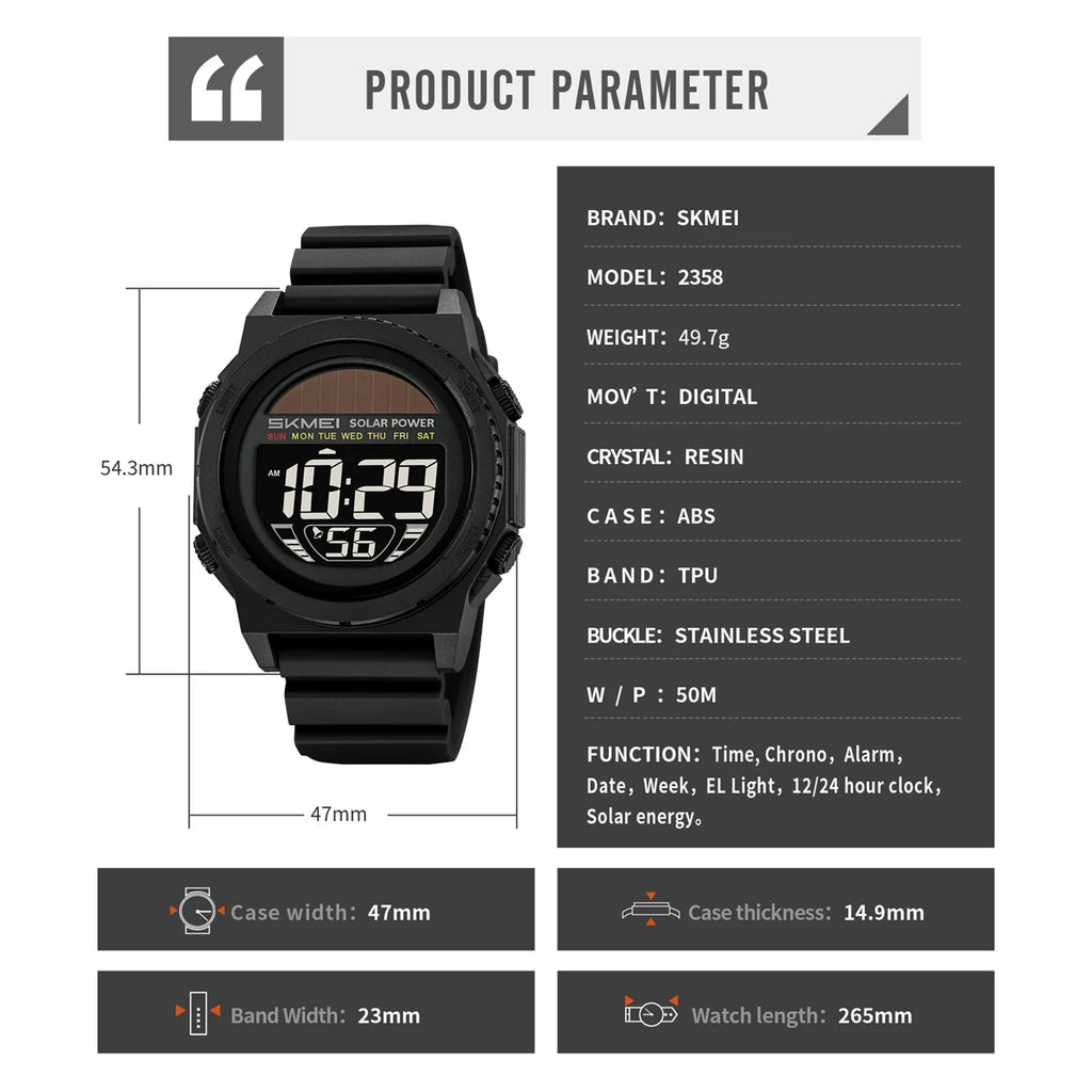SKMEI Multifunctional Digital Watch Solar Energy Sports Electronics Watches For Men Fashion 5Bar Waterproof Chrono Wristwatches