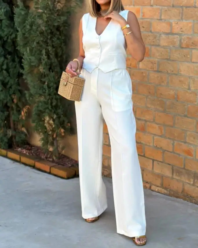 New 2025 Women's Summer Casual 2PCS Pants Sets Solid Vest +Pants Sets Elegant High Waist Wide Leg Outfits Women Matching Sets