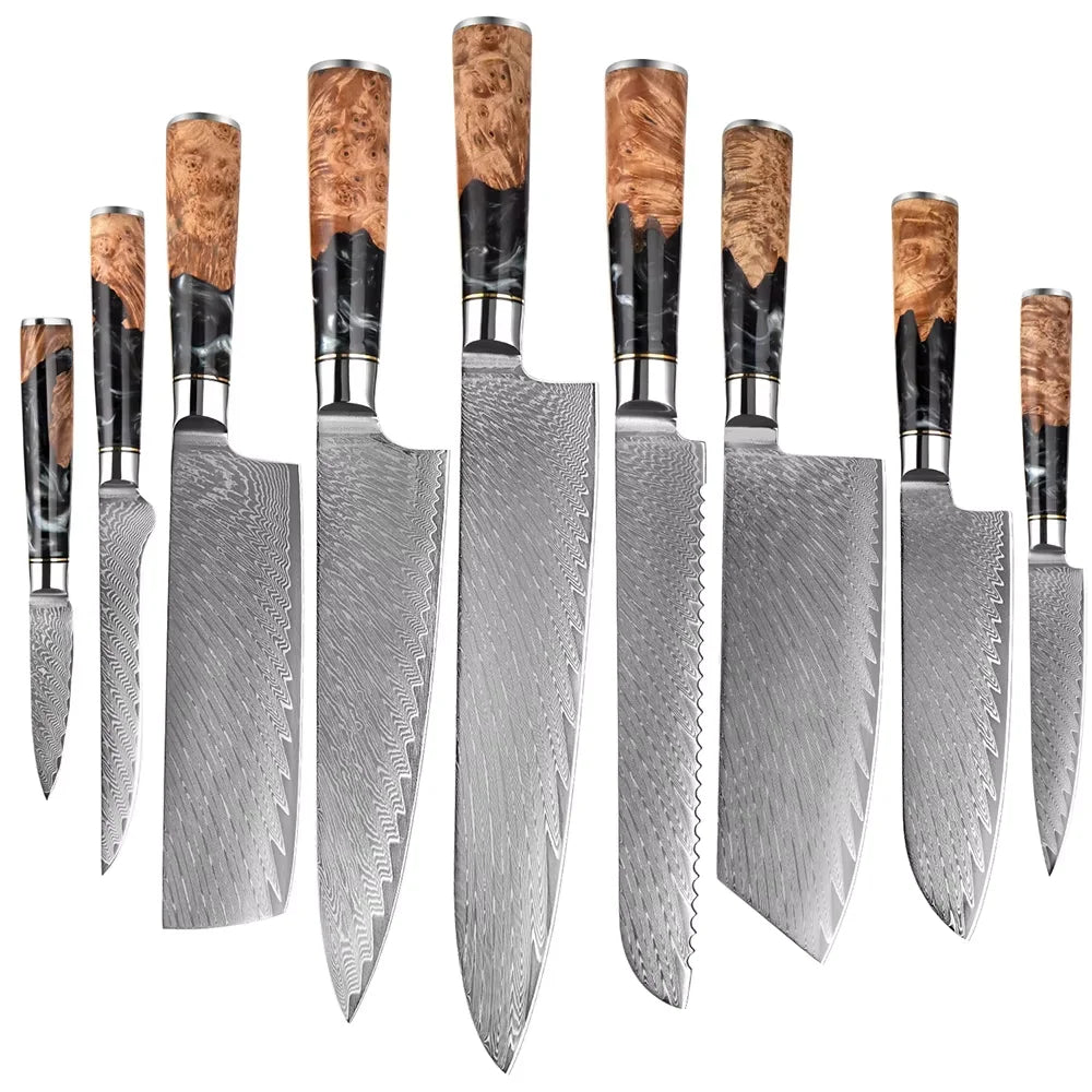 Damascus Steel Kitchen Knives 1-9PC Set XITUO Japanese chef knife Cleaver Bread Knife Resin and wooden Ergonomics handle Sharp