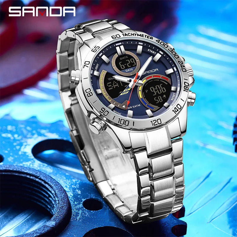 SANDA 6269 Dual Display Electronic Watch Men's Dual Movement 5ATM Waterproof Night Light Three Ground Time Student Sports Watch