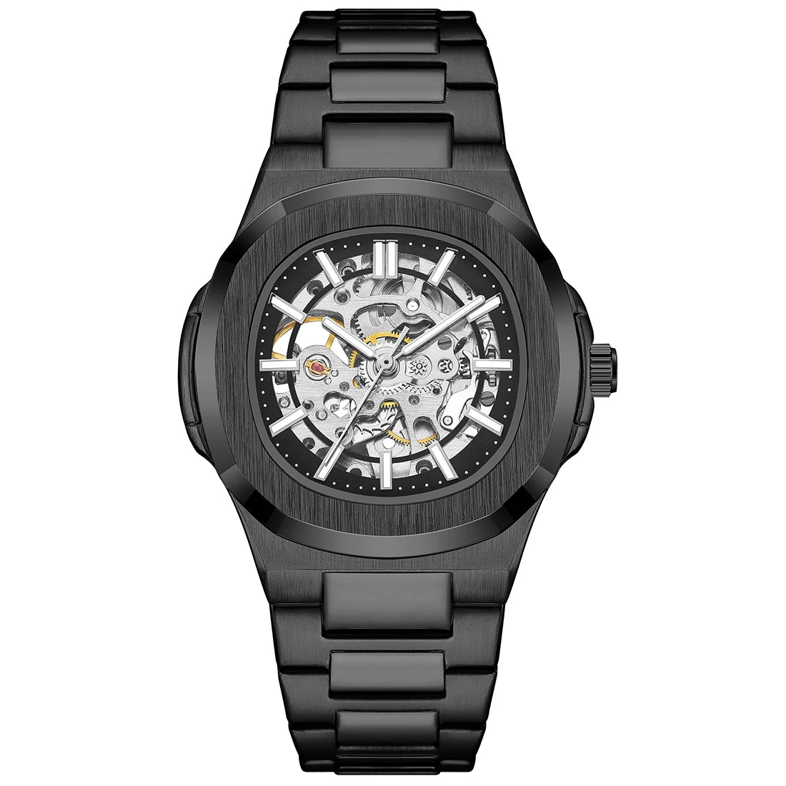 Skeleton Hollow Men Automatic Mechanical Watch Steampunk Sliver Blue Full Steel Waterproof Wrist Watches Male Mechanism Clock