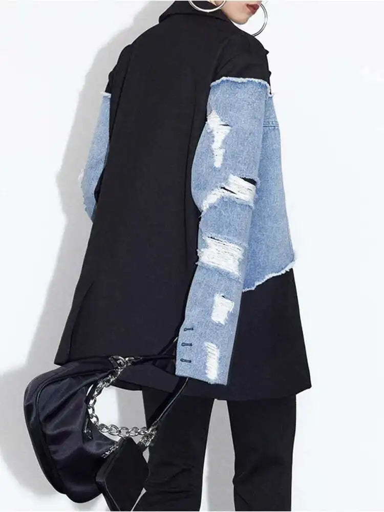 DEAT Women's Blazer Notched Collar Patchwork Burrs Edge Denim Broken Holes Loose Suit Jackets 2025 Summer New Fashion LM0107