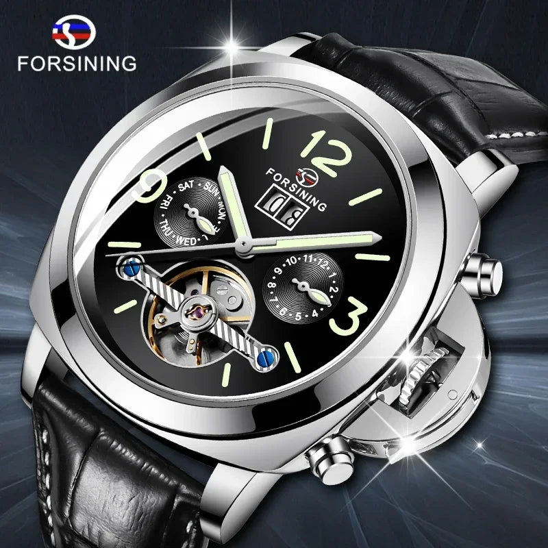FORSINING Top Luxury Tourbillon Automatic Watch - Men's Mechanical Sport Luminous Retro Leather Wristwatch