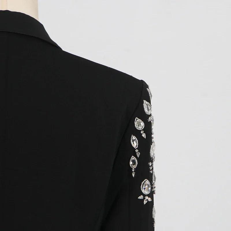VGH Streetwear Spliceed Diamonds Slim Blazers for Women Notched Collar Long Sleeve Patchwork Button Temperament Coat Female New