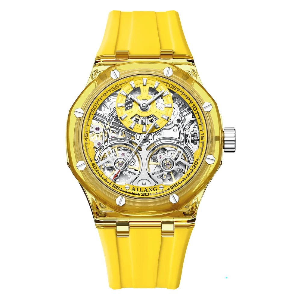 Two Tourbillon Design Luxury Men's Watch Transparent Case Rubber Fashion Style Leisure Automatic Mechanical Watch Men Gift Reloj