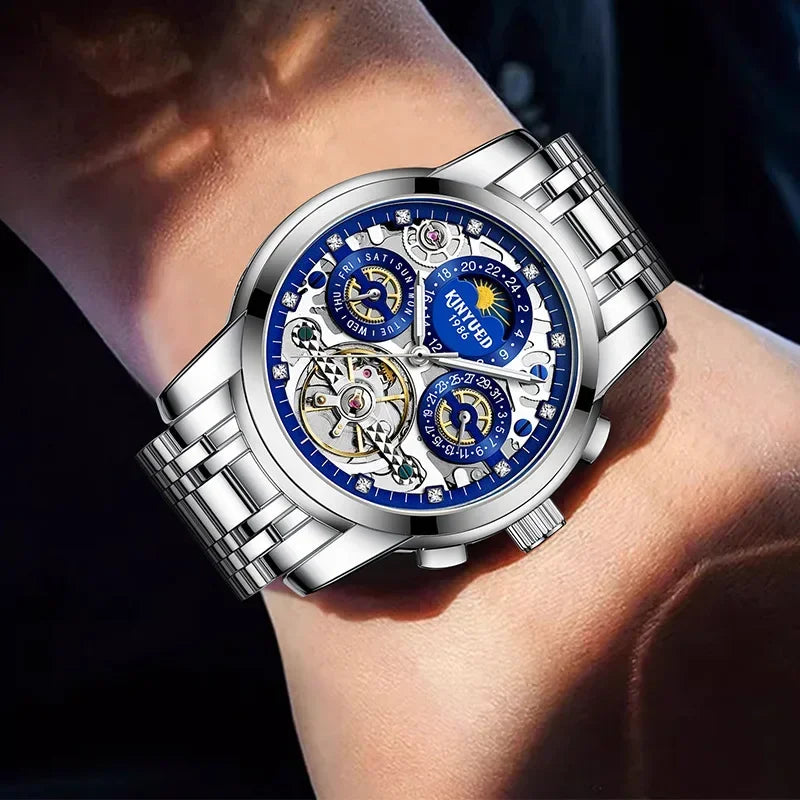 Tourbillon Automatic Watch for Men Diamond Moon Phase Mechanical Mens Watches Waterproof Silver Gold Stainless Steel Wristwatch