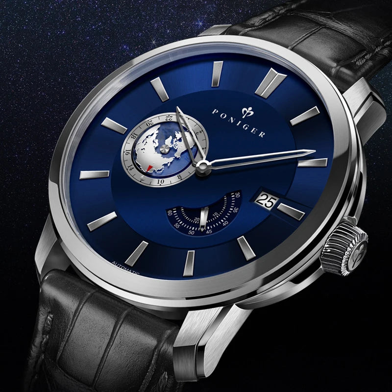 Top Brand New Japanese Automatic Men Watch Rotating Earth Calendar Multifunction Watch Stainless Steel Waterproof Clock PONIGER