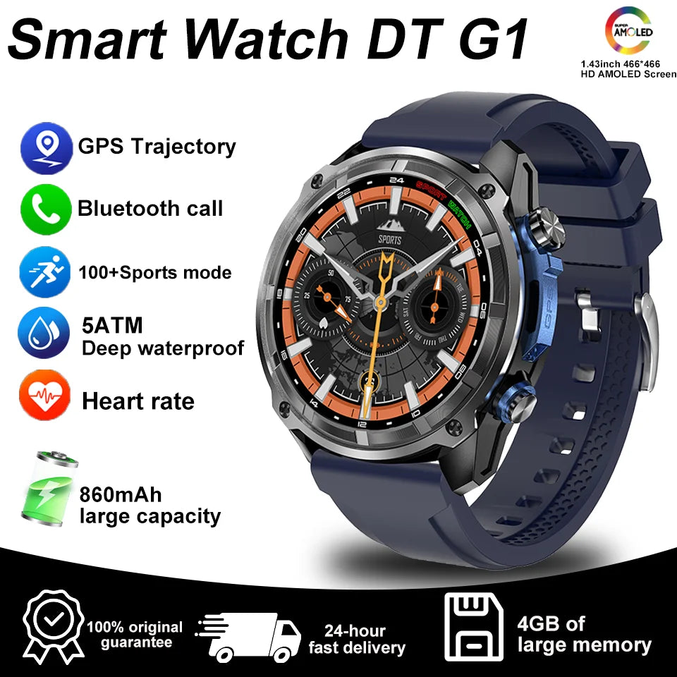 New Watch DT G1 Smart Watch Men's 1.43 "HD AMOLED Screen GPS Track 3ATM Waterproof Heart Rate Bluetooth Call Compass Smart Watch