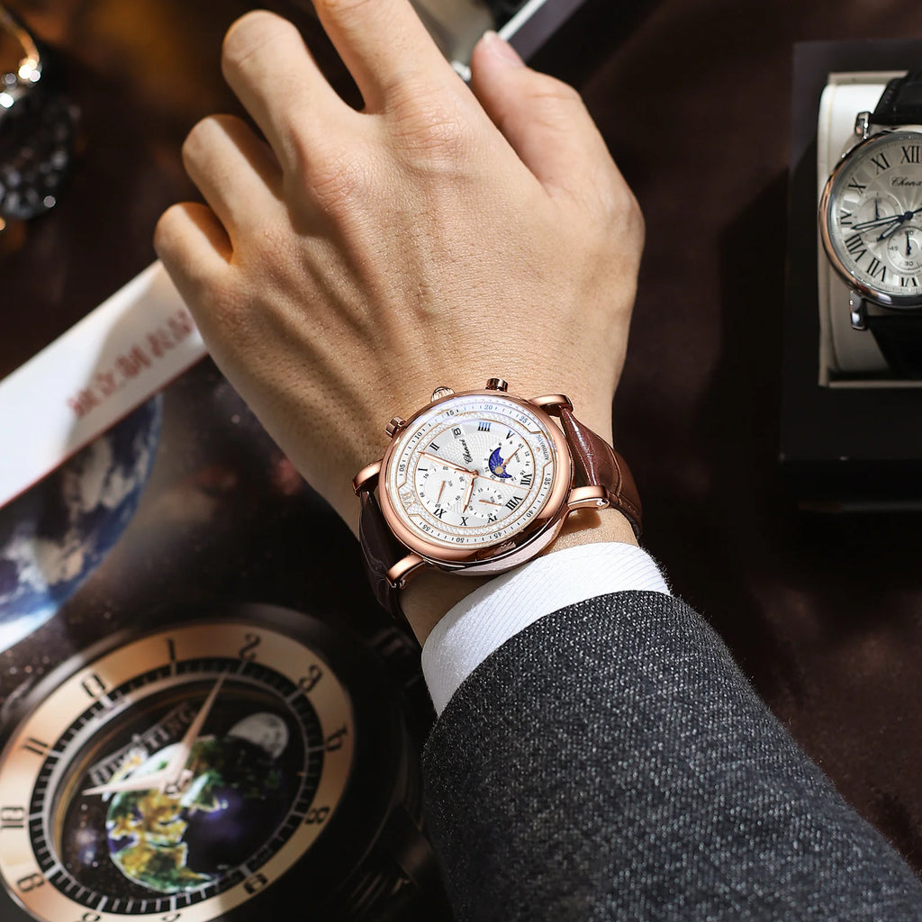 Lunar Executive - Men's Leather Chronograph Watch with Moon Phase